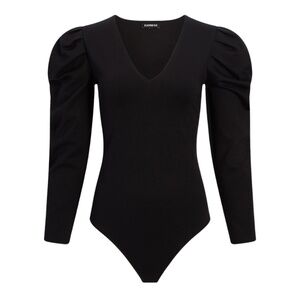 Express Fitted Ponte V-Neck Puff Sleeve Bodysuit